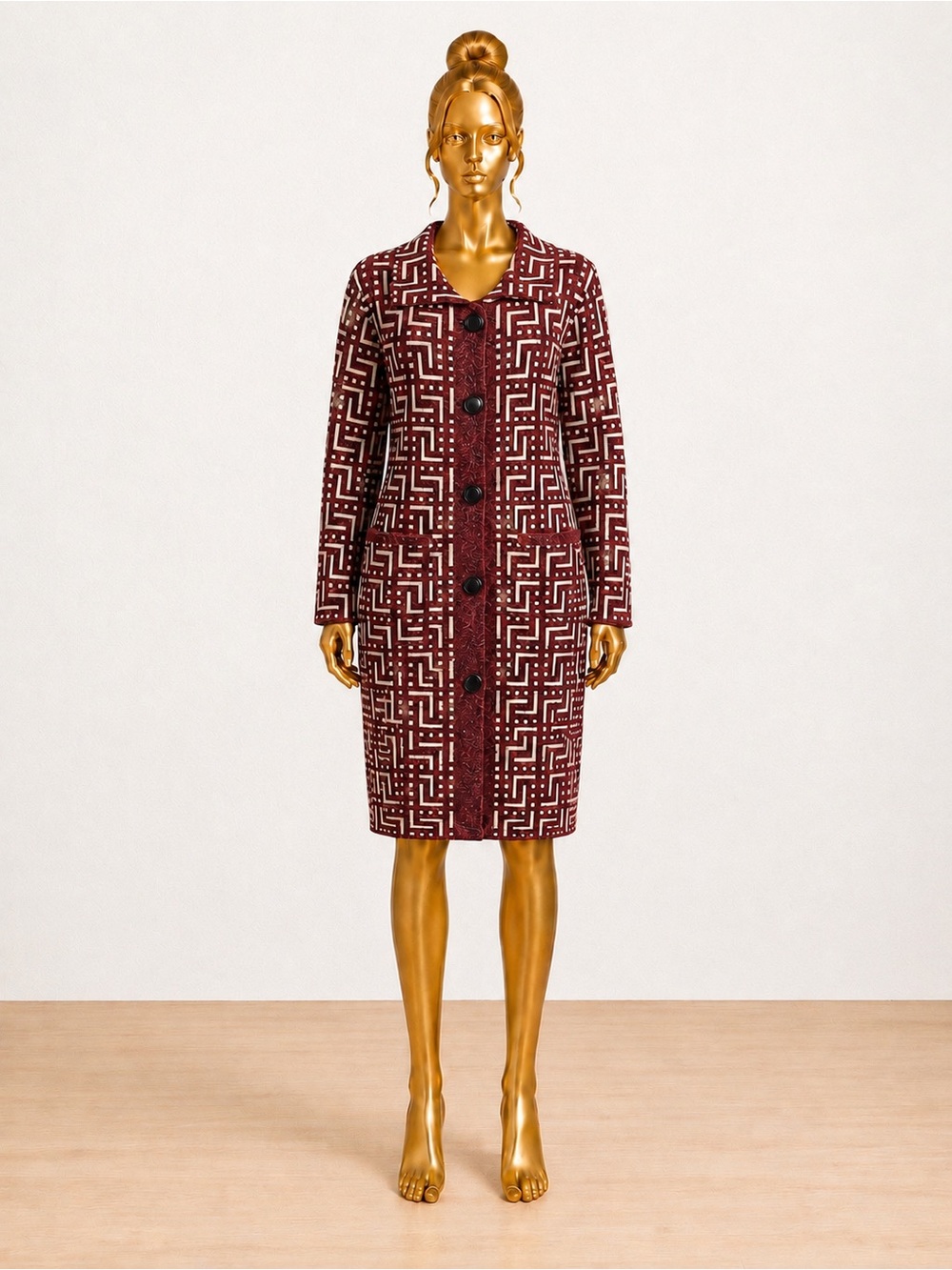Vertigo Paris Burgundy Geometric Button Front Dress Jacket Coat Size Medium